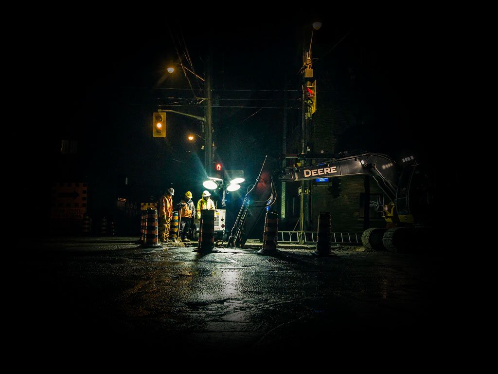 Construction crew working at night